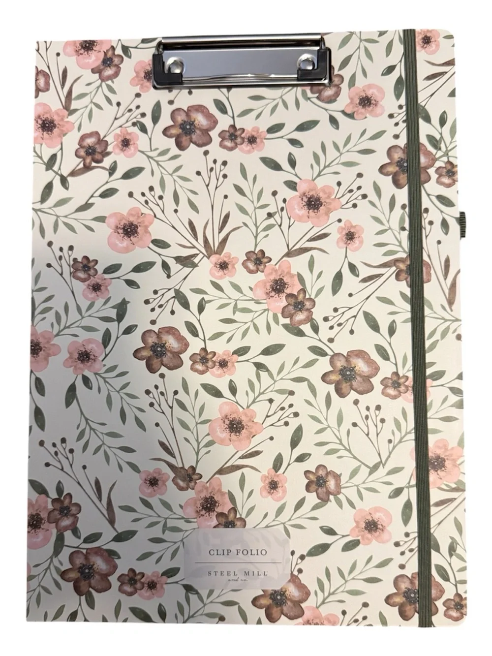 Floral Clip Folio with Elastic Band - Off White & Green